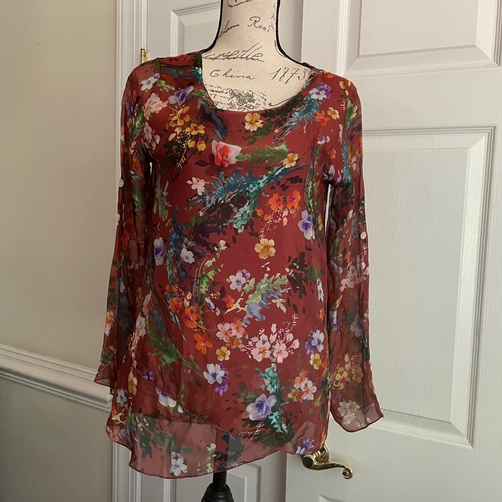 Made in Italy Floral Long-Sleeve Blouse - Rust Brown Pink Green